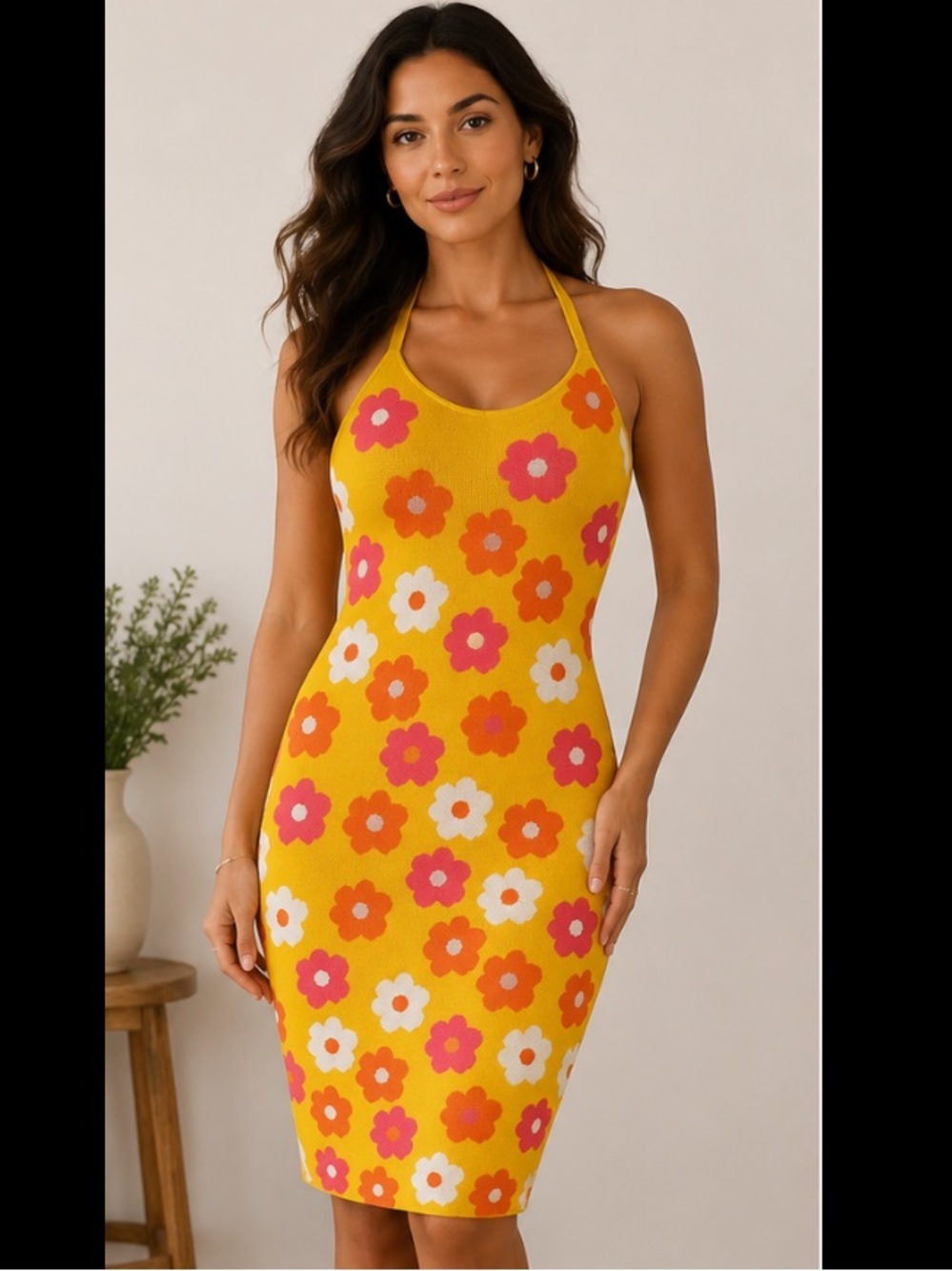 Hippie Retro Floral Yellow Bodycon Midi Boho sweater Halter Top Dress - Women's